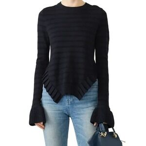 Tabula Rasa Stripe Women's Sweater Bell Sleeve Navy Black Merino Wool Ruffles S